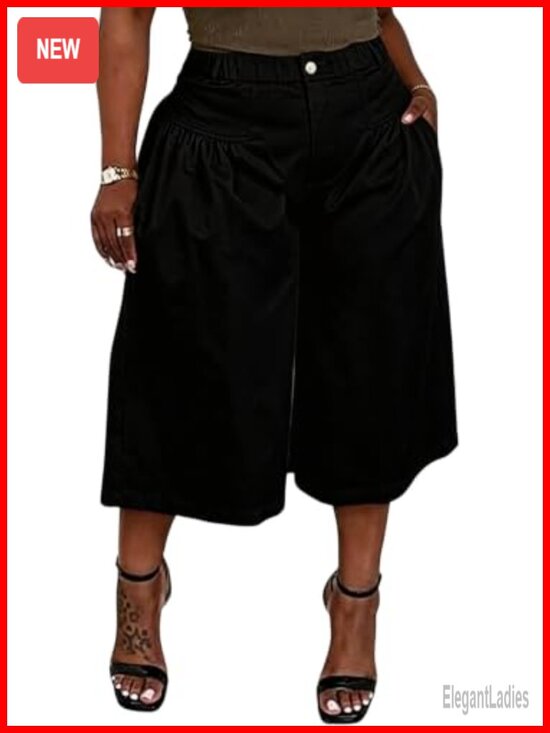 Pants - Women's Pleated High Waisted Capri Pants Wide Leg Lightweight Cropped Pants